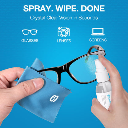 SmoTecQ Glasses Cleaner Kit – Alcohol-Free, Plant-Based Spray + Ultra-Soft Microfiber Cloths for Eyeglasses, Screens & Cameras – 2 x 2oz Spray Bottles + 2 Cloths + Travel Pouch Set - Available at All In One Marketplace Canada
