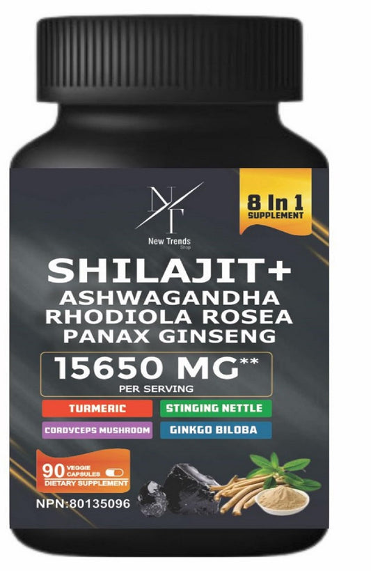 8-in-1 Shilajit Himalayan Organic Supplement with Shilajit 9000, Ashwagandha 2000MG, Rhodiola Rosea 1000MG, Panax Ginseng 1500MG, Cordyceps Mushroom 500MG, Gingko Biloba 500MG, Stinging Nettle 250MG, Turmeric (15,250 MG - 90 Caps) - Available at All In One Marketplace Canada