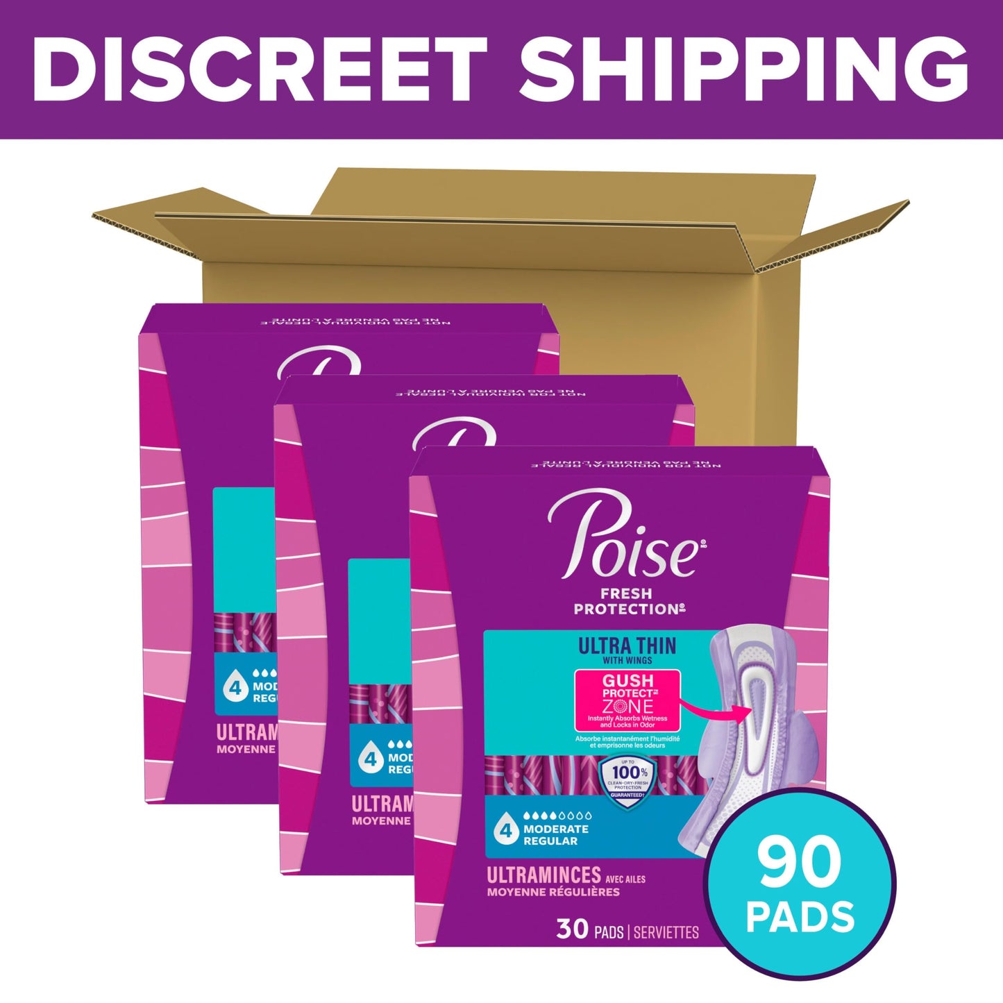 Poise Ultra Thin Incontinence Pads with Wings, Moderate Absorbency, Bladder Control Pads, 90 Count (3 Packs of 30) 🍁 All In One Marketplace Canada