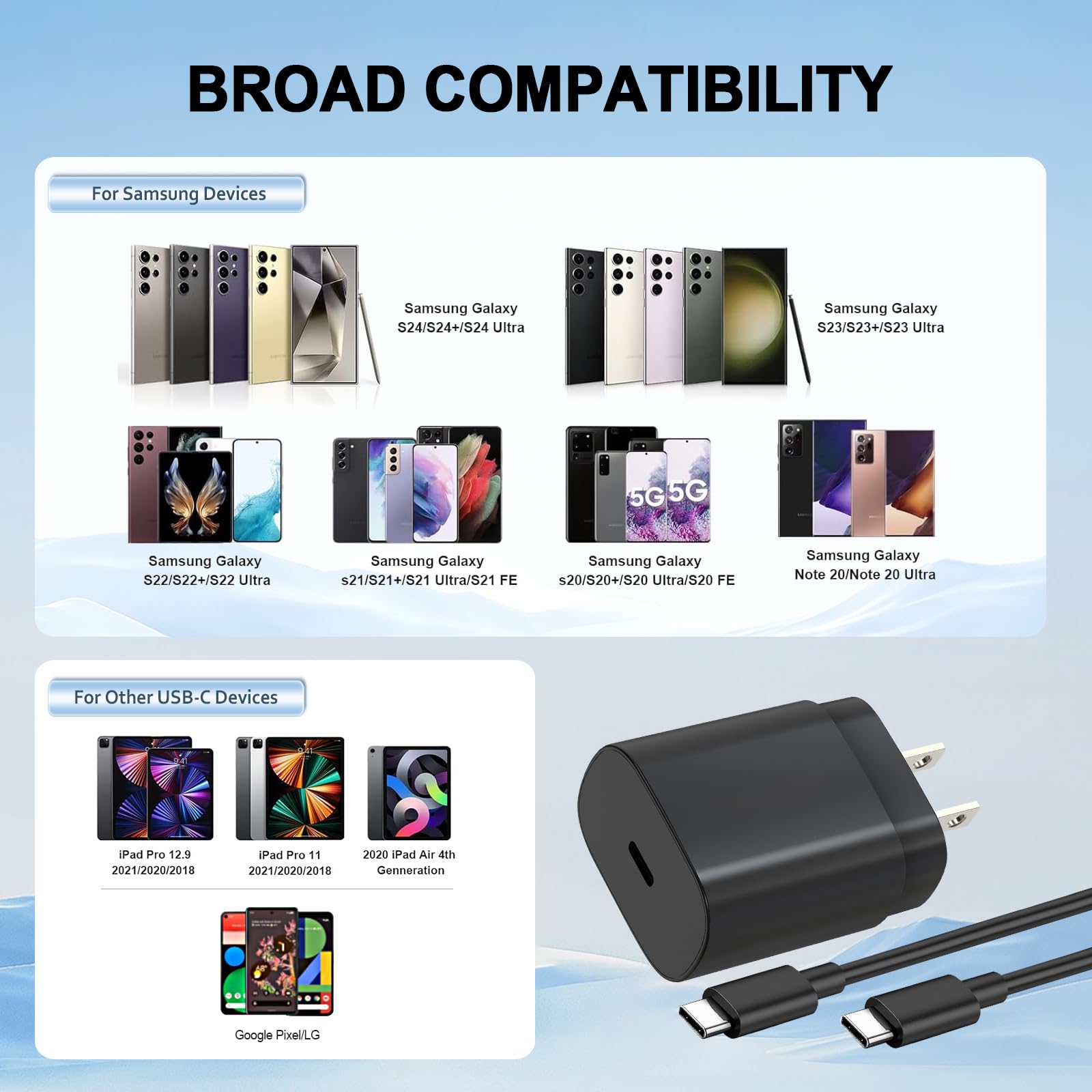 USB C Charger,2 Pack 25W USB C Fast Charger Super Fast Charging with 6FT USB C Cable Compatible with Samsung Galaxy S24 Ultra/S24 Plus/S24/S23/S22/S21/S20 Android Charger and More - Available at All In One Marketplace Canada