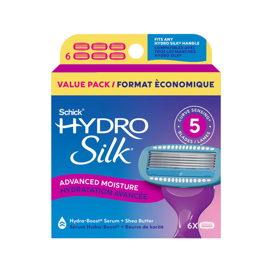 Schick Hydro Silk Moisture Hydration Razors for Women | Replacement Refills for any Hydro Silk Handles | 5-Blade Refill | 6 Count Razor Refills