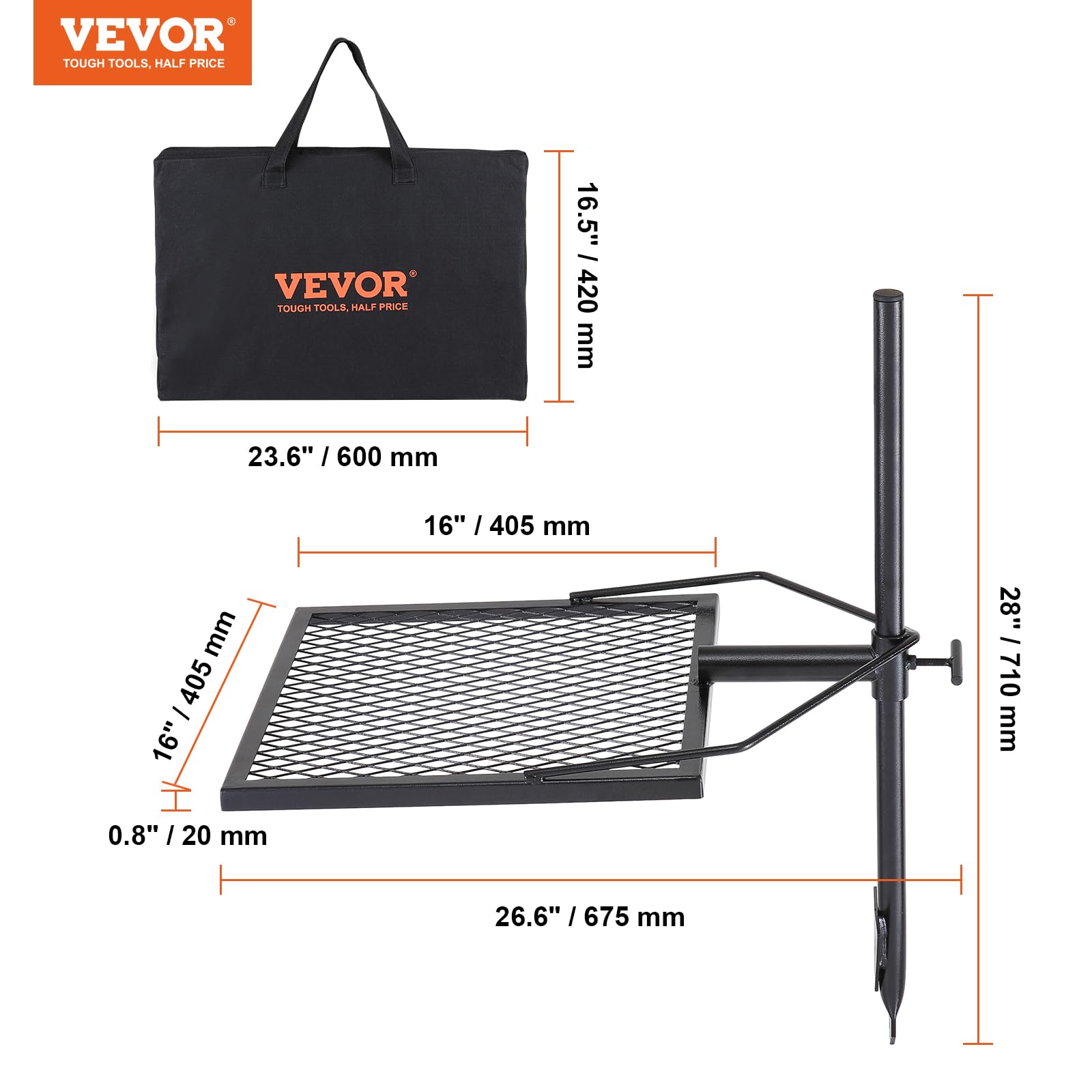 VEVOR Swivel Campfire Grill, Fire Pit Grill Grate, Heavy Duty Steel Grill Grates, 360° Adjustable Open Outdoor Cooking Equipment, Portable Camp Fire Racks for Camping Outdoor BBQ VEVOR