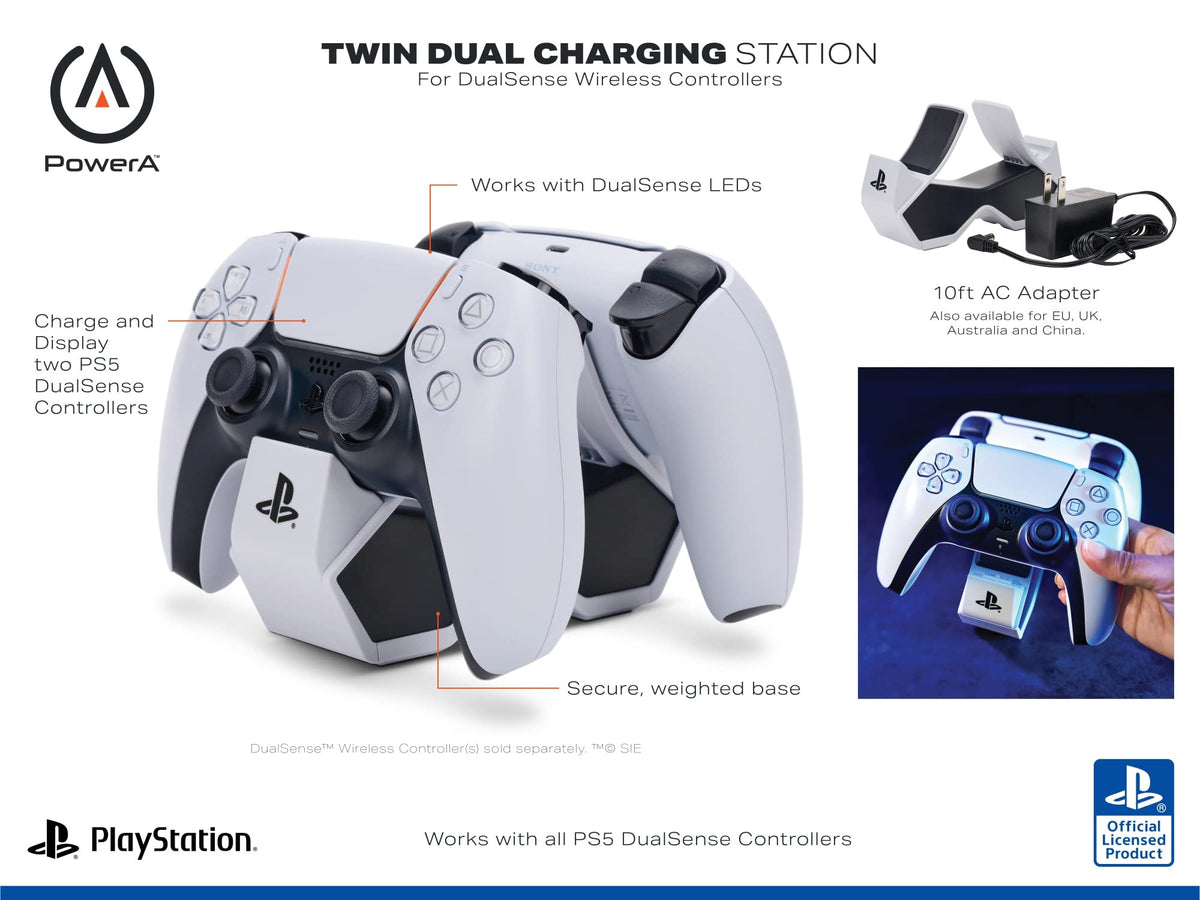 PowerA Twin Charging Station for Dualsense Wireless Controllers, Dualsense Controller Charging, Charge, Sony PlayStation, PS5, Officially Licensed - PlayStation 5