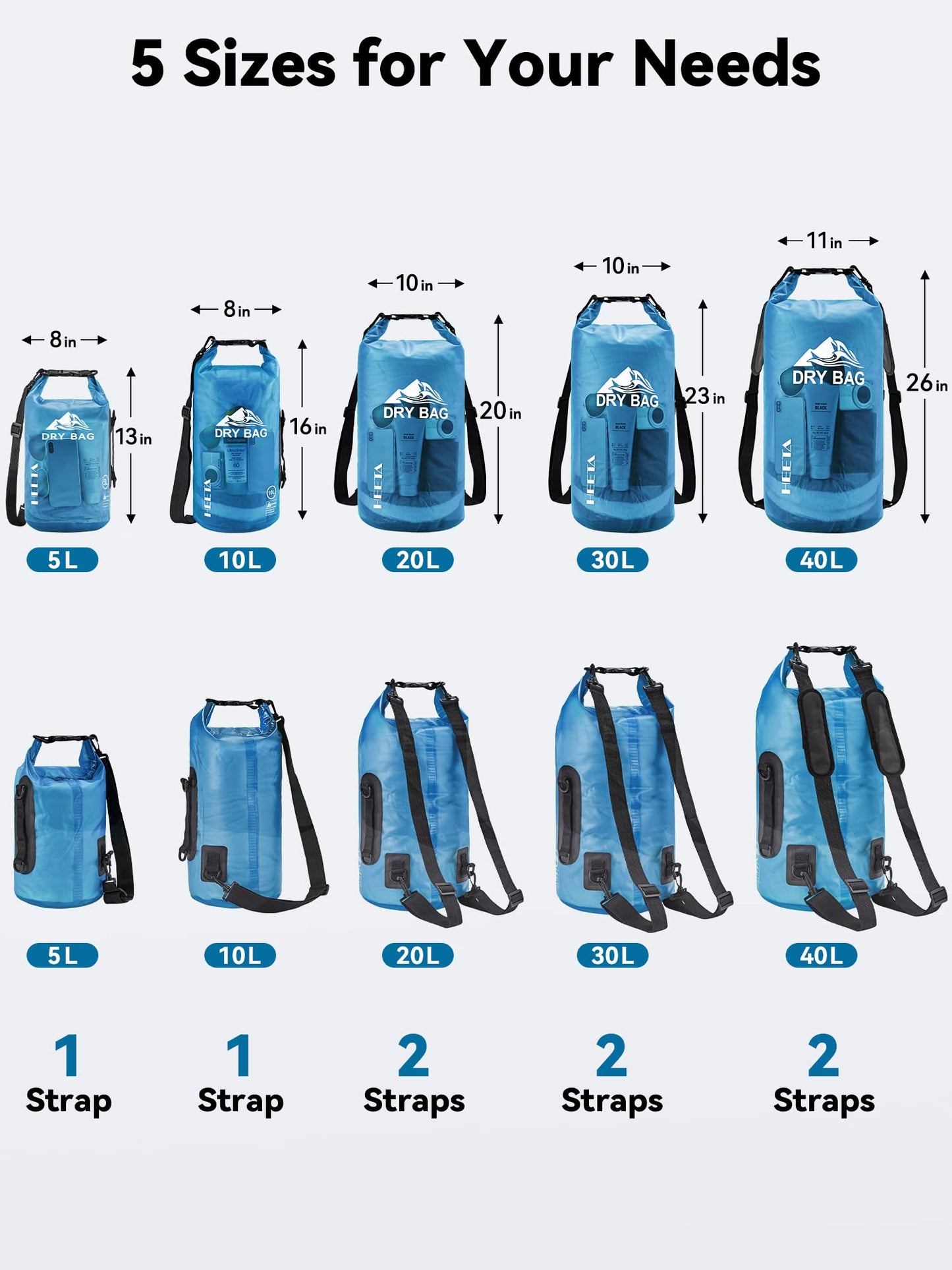 HEETA Dry Bag Waterproof for Women Men, Roll Top Lightweight Dry Storage Bag Backpack with Phone Case for Travel Swimming Boating Kayaking Paddle Board Camping Beach Accessories (Transparent Blue, 5L)