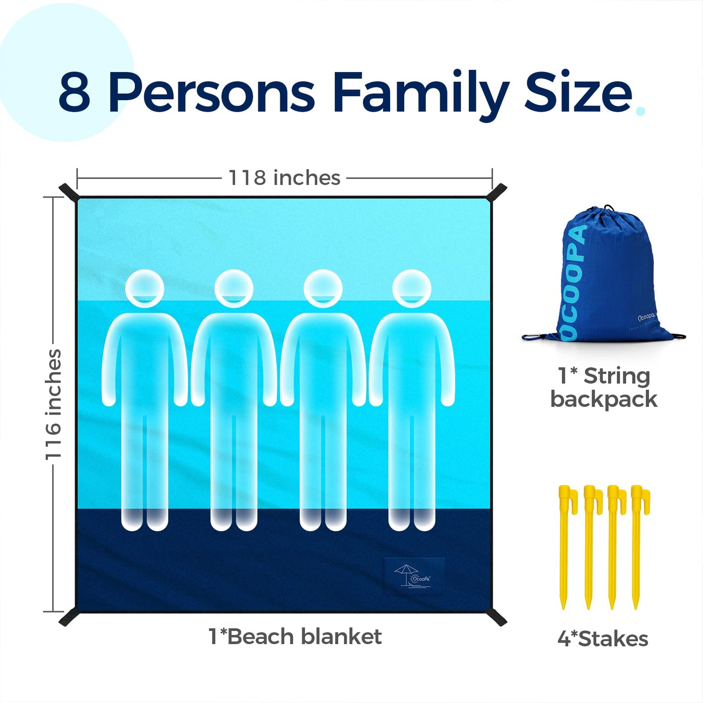 OCOOPA Sandproof Beach Blanket Waterproof, Extra Large 8 Persons Family Size 10'X9.2', Comfortable Parachute Nylon, Cozy& Chic, Compact& Light, Reinforced Windproof,4 Stakes&1 Travel Bag