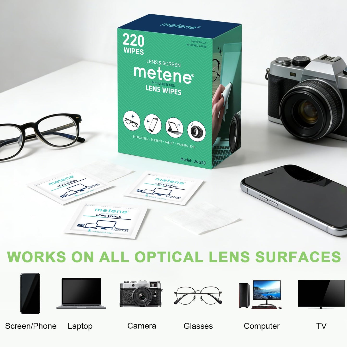 Metene Lens Wipes, 220 Pre-Moistened Individually Wrapped Glasses Wipes - Available at All In One Marketplace Canada
