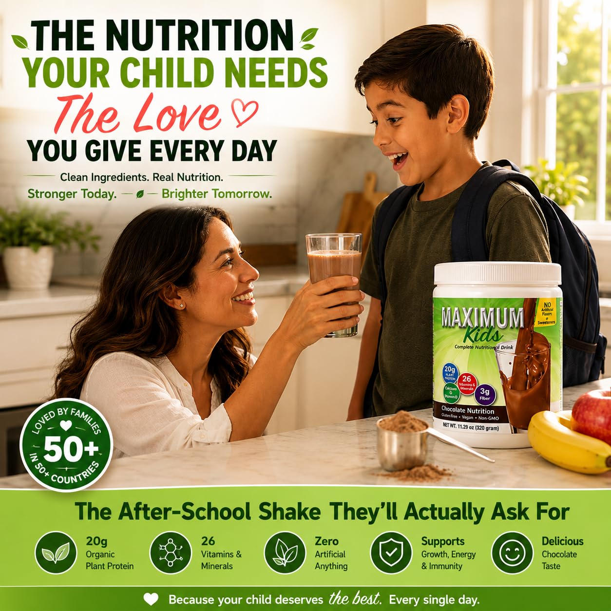 Maximum Kids Complete ORGANIC Powder Mix - Great TASTING, EASY to use, complete nutritional drink with 26 vitamins & Minerals, 20g of Plant Protein, 3g of Fiber. Kid TESTED! Parents APPROVED! - Available at All In One Marketplace Canada