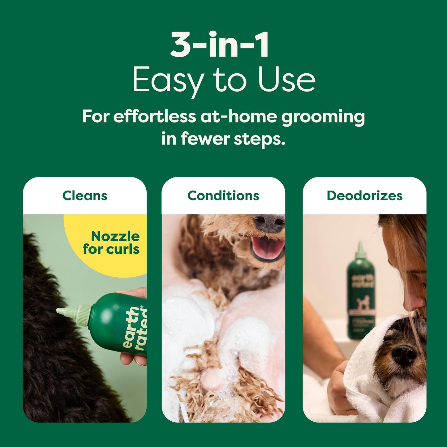 Earth Rated (A Canadian Company), 3-in-1 Detangling Dog Shampoo and Conditioner, Deodorizing Oatmeal Shampoos for Dogs and Puppies, Great for Smelly Pets, White Tea and Basil Scent, 473 ml