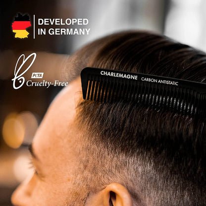 Charlemagne Carbon Fibre Hair Comb - 18 cm, Fine Tooth - Professional Barber Performance - Beard Comb for Men & Mustache Styling - Shatterproof Anti-Static Travel Groomer - Available at All In One Marketplace Canada