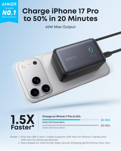 Anker Nano Power Bank, 10,000mAh Portable Charger with 2.3 ft Anker InstaCord Retractable Cable, 45W Max Compact Battery Pack, Smart Display, for iPhone 17/16 Series,iPad,Galaxy,Pixel and More (Black)