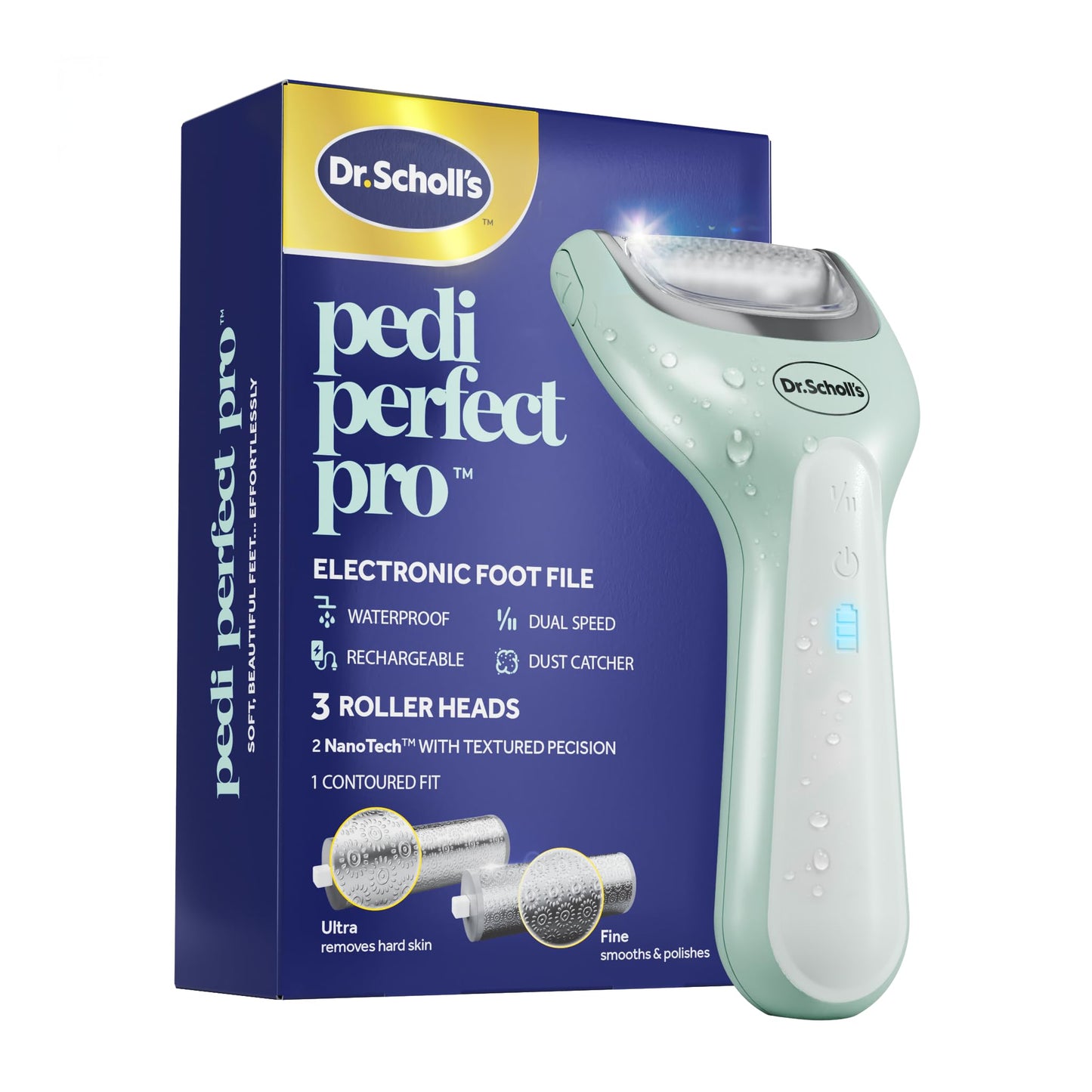 Dr. Scholl's Pedi Perfect Pro Electric Foot Callus Remover, Waterproof, Rechargeable with x3 Roller Heads, Removes Hard Skin for Soft Beautiful Feet, 90 Minute Run Time, Dust Catcher, Pedicure Tools Dr. Scholl's