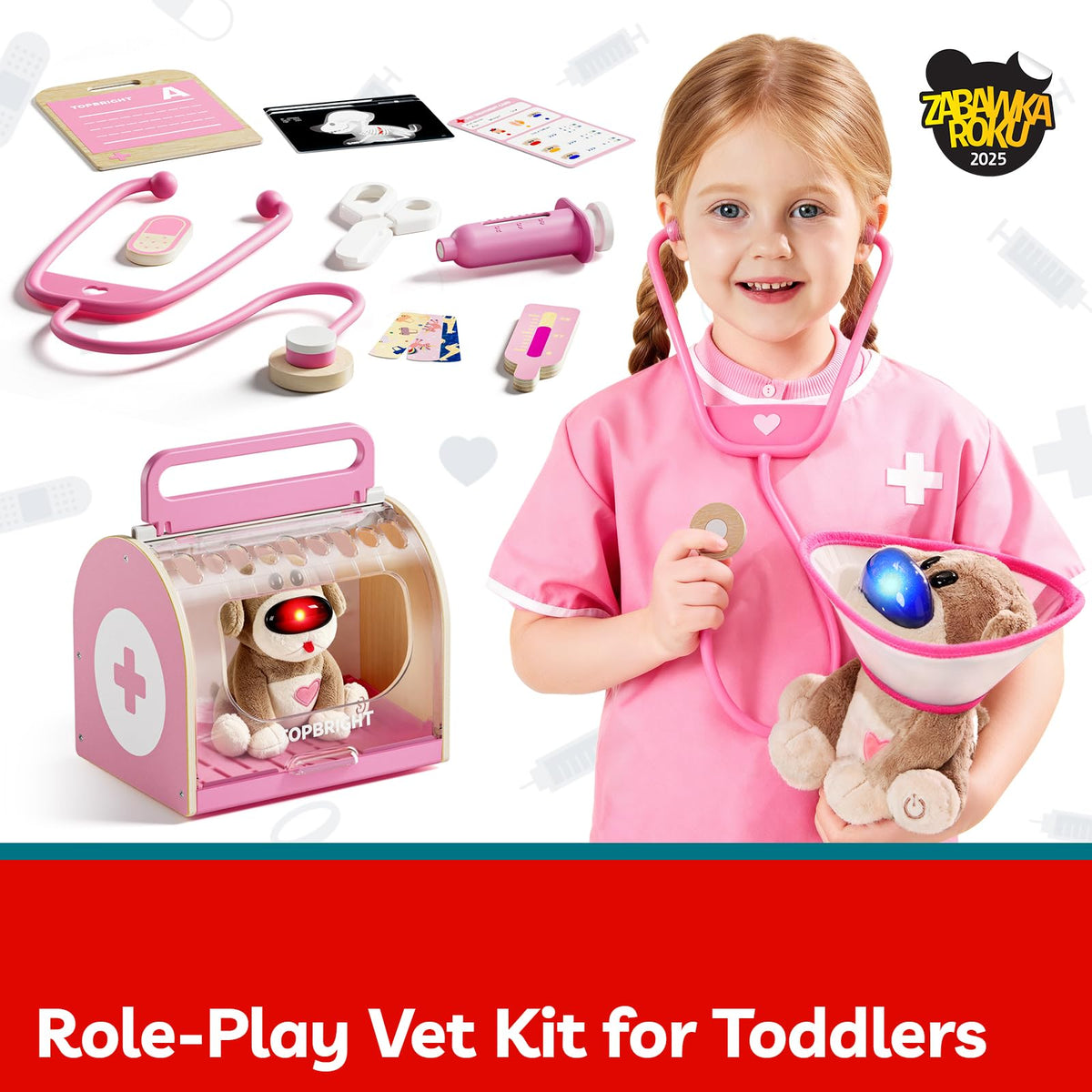 Top Bright Doctor Kit Kids – Pretend Play Toddler Toys with Pink Doctor Costume & Plush Dog, Wooden Kids Doctors Play Set with Stethoscope, Christmas Birthday Gifts for 3+ Year Old Girls 🍁 All In One Marketplace Canada