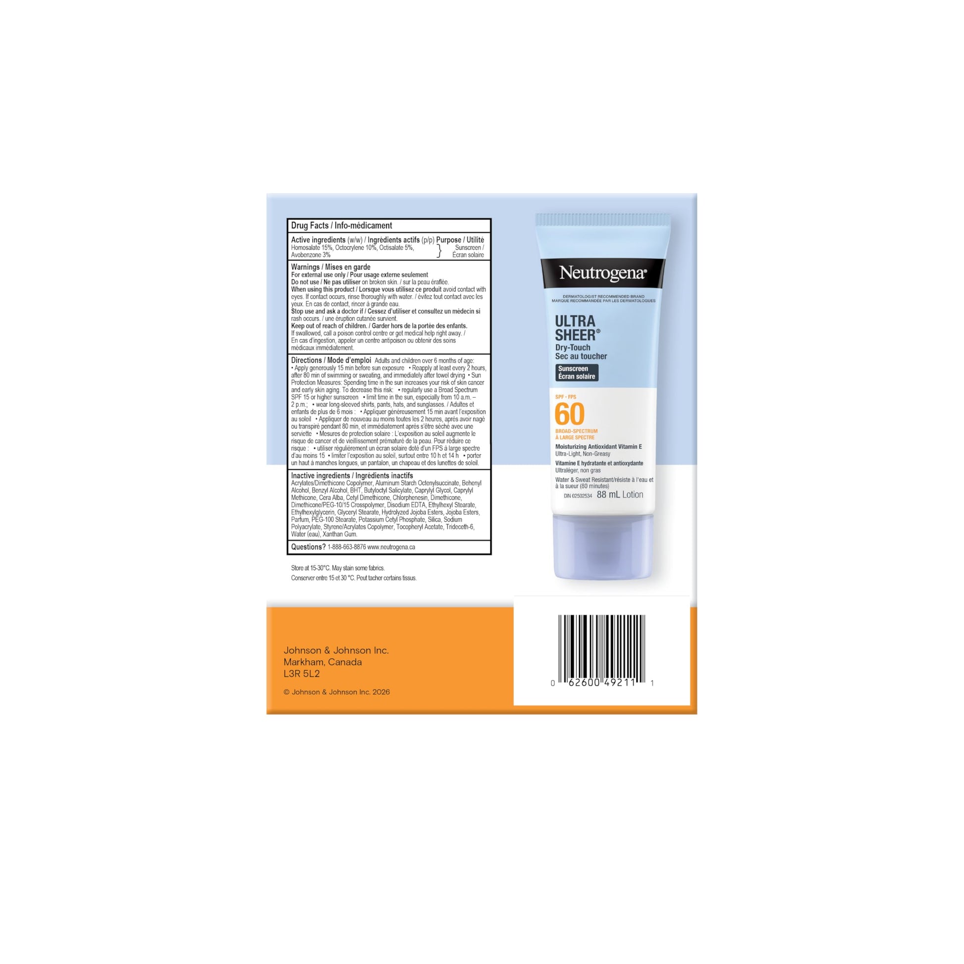 Neutrogena Ultra Sheer Dry-Touch Sunscreen Lotion, Broad Spectrum SPF 60 UVA/UVB Protection, Oxybenzone-Free, Light, Water Resistant, Non-Comedogenic & Non-Greasy, 88 mL (Twin Pack)