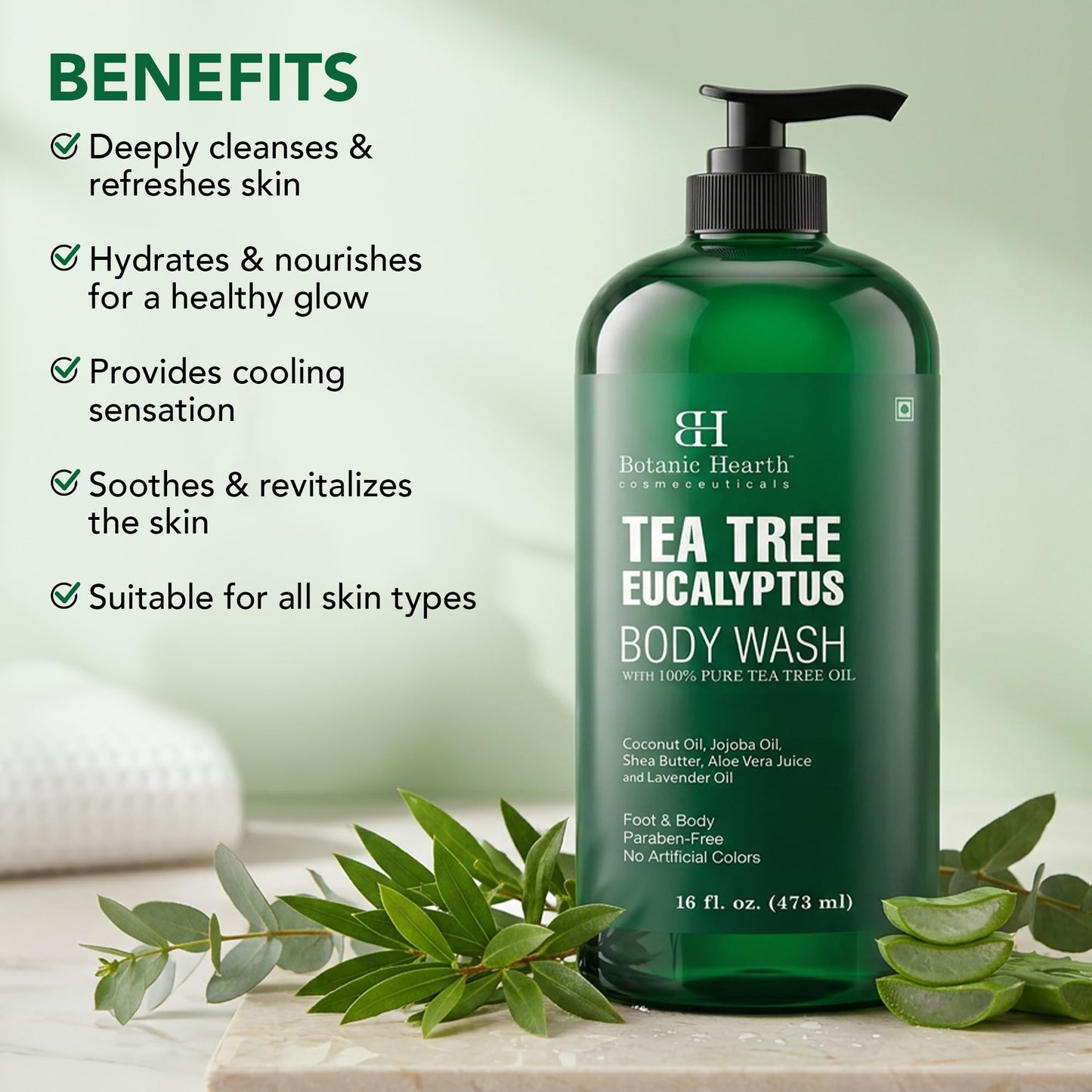 Botanic Hearth Eucalyptus Tea Tree Body Wash | Shower Gel - 16 fl oz | for Men and Women | Antifungal, Moisturizing & Soothing Formula with Natural Oils - Available at All In One Marketplace Canada