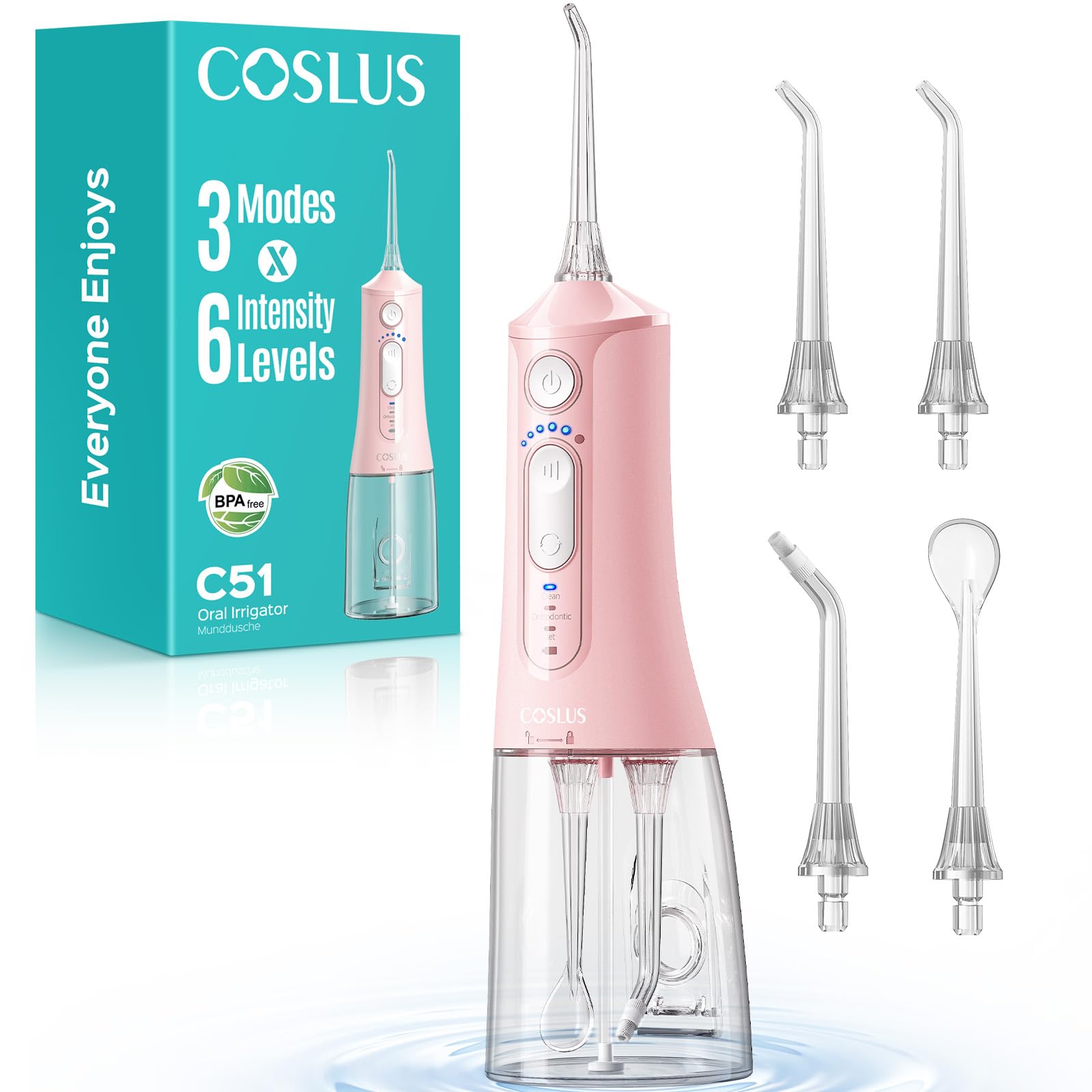 COSLUS C51 Portable Water Teeth Flosser: 3 Modes & 6 Pressure Settings for Whole Family Various Cleaning Need, Jet Mode for Beginner-Friendly, Compact for Travel, 300ml Tank, IPX7 Waterproof, Pink - Available at All In One Marketplace Canada