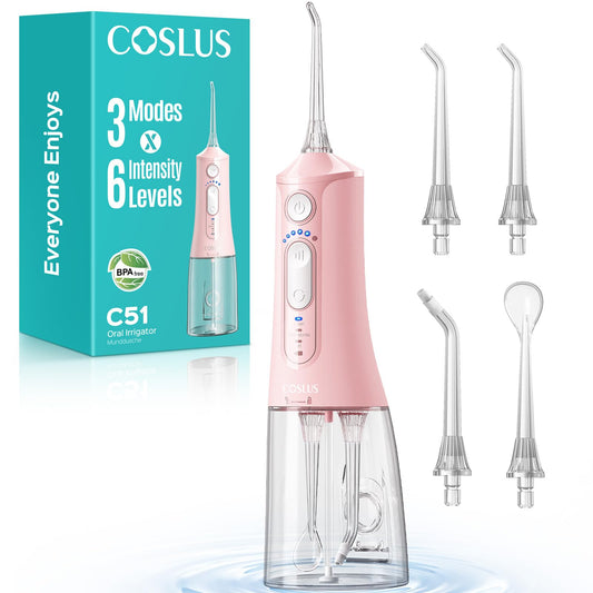 COSLUS C51 Portable Water Teeth Flosser: 3 Modes & 6 Pressure Settings for Whole Family Various Cleaning Need, Jet Mode for Beginner-Friendly, Compact for Travel, 300ml Tank, IPX7 Waterproof, Pink - Available at All In One Marketplace Canada