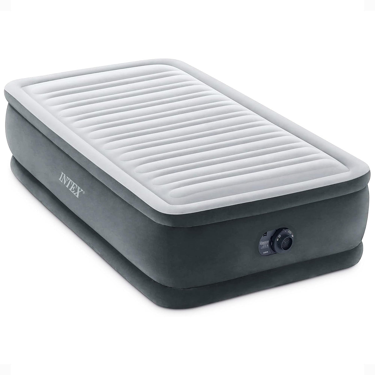 INTEX 64411ED Dura-Beam Deluxe Comfort-Plush Elevated Air Mattress: Fiber-Tech – Twin Size – Built-in Electric Pump – 18in Bed Height – 300lb Weight Capacity