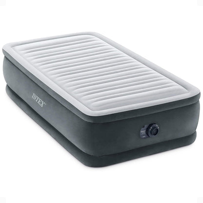 INTEX 64411ED Dura-Beam Deluxe Comfort-Plush Elevated Air Mattress: Fiber-Tech – Twin Size – Built-in Electric Pump – 18in Bed Height – 300lb Weight Capacity
