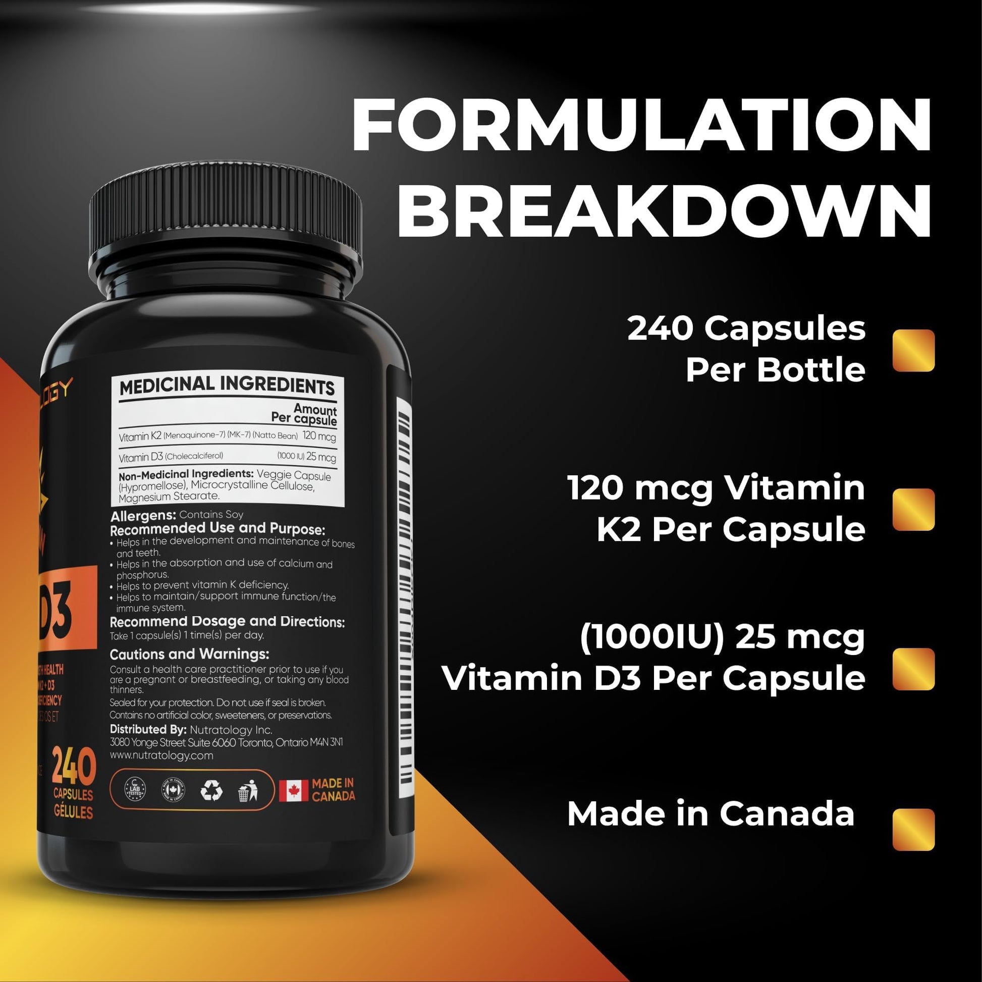 Nutratology® Vitamin K2 + D3 | Canadian-Made | Highest Potency 120MCG/1000 IU - 240 Capsules - Helps Maintain Bone & Teeth Health - Formulated With MK-7 For Best Results - Immune System Support.