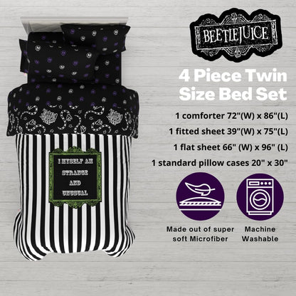 Franco Collectibles Beetlejuice Halloween Striped Bedding 4 Piece Super Soft Comforter and Sheet Set, Twin, (Officially Licensed Product)