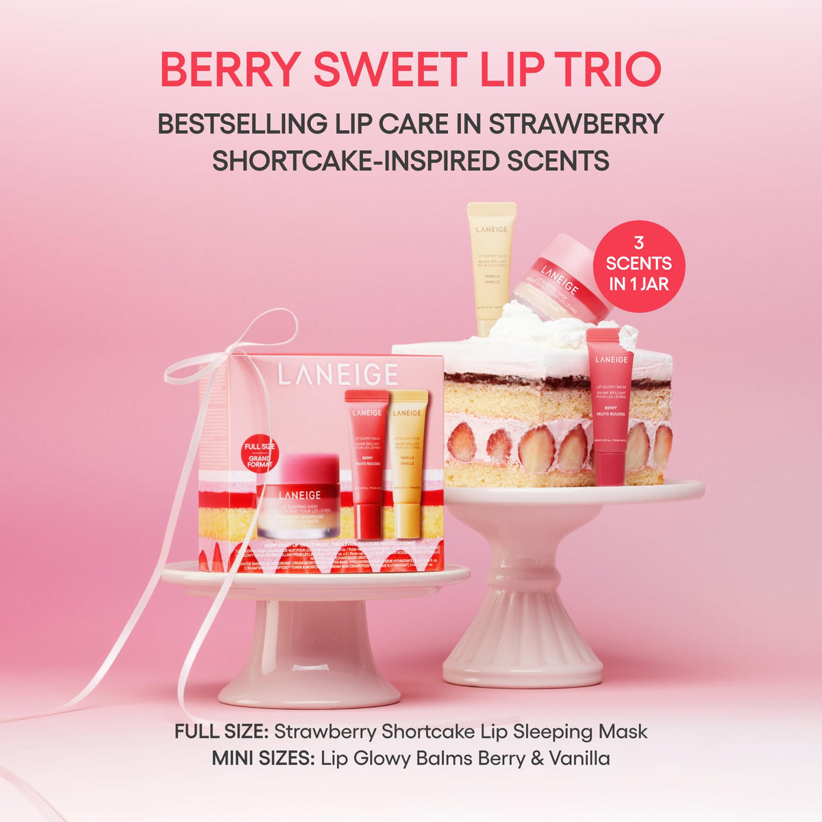 Coffret trio Laneige Berry Sweet | Masque de nuit pour les lèvres Strawberry Shortcake et mini baumes Lip Glowy en parfums Berry et Vanilla