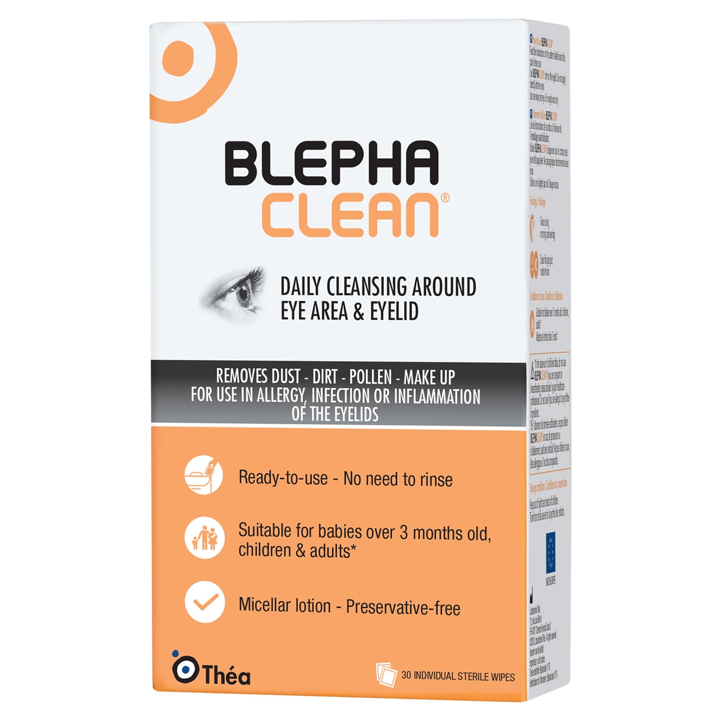 Thea Pharma BlephaClean Lid Wipes - Gentle, Sterile Ready-to-Use for Daily Lid Care, Ideal for those diagnosed with Dry Eye, including MGD & Blepharitis and Infants, Individually Wrapped - 30 Wipes - Available at All In One Marketplace Canada