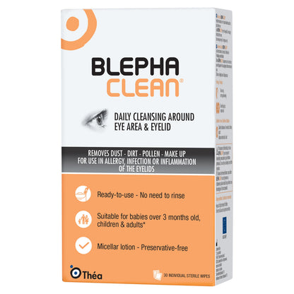 Thea Pharma BlephaClean Lid Wipes - Gentle, Sterile Ready-to-Use for Daily Lid Care, Ideal for those diagnosed with Dry Eye, including MGD & Blepharitis and Infants, Individually Wrapped - 30 Wipes - Available at All In One Marketplace Canada