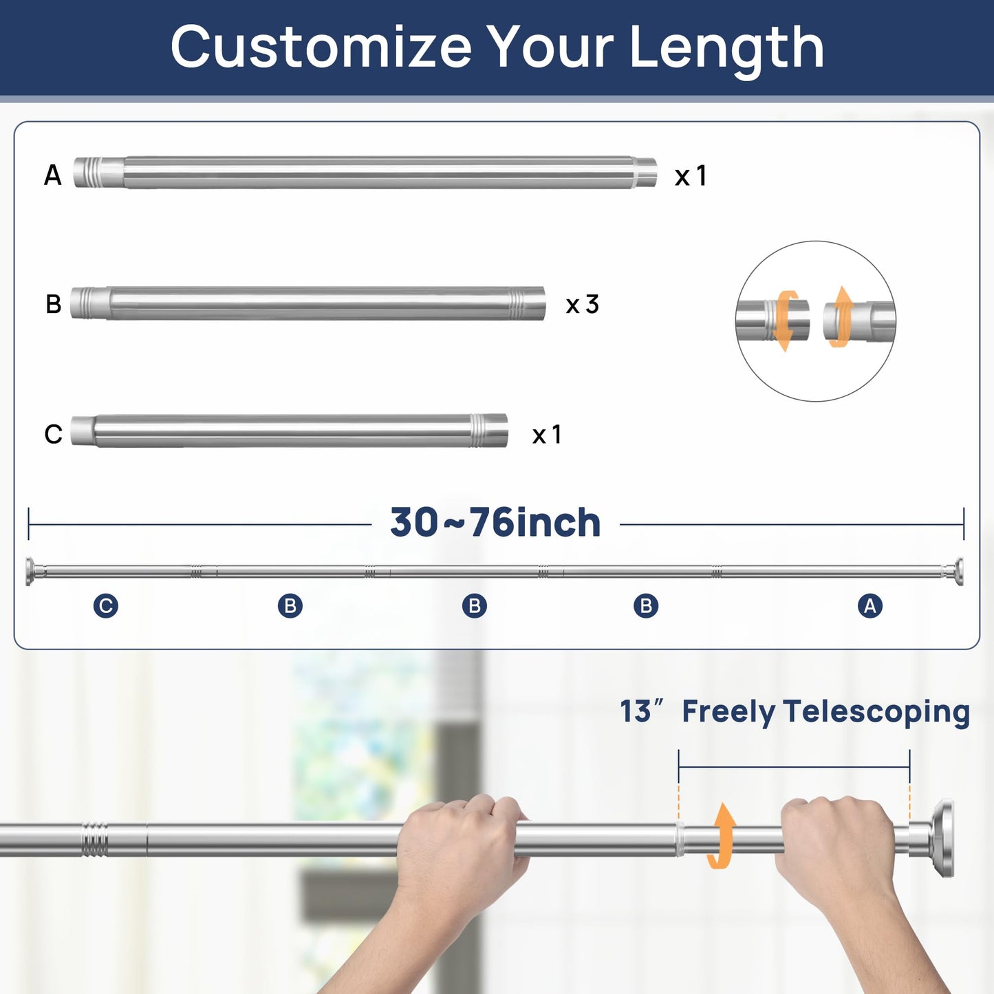 Shower Curtain Rod 30 to 76 Inches, 1 Inch Adjustable Spring Tension Stainless Steel Shower Rod No Drill for Bathroom, Closet, Window, Room Divider, Never Rust, Non Slip, Chrome