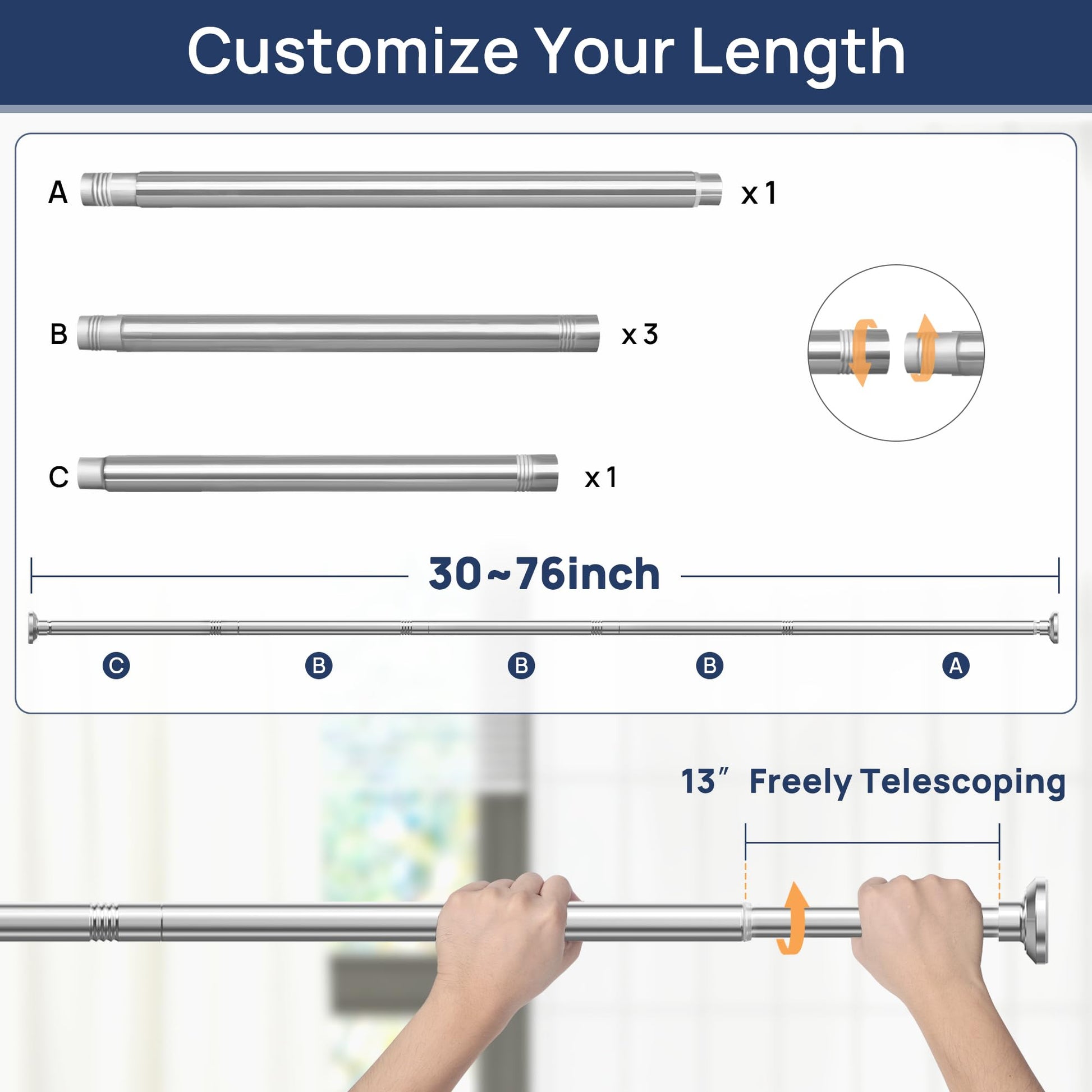 Shower Curtain Rod 30 to 76 Inches, 1 Inch Adjustable Spring Tension Stainless Steel Shower Rod No Drill for Bathroom, Closet, Window, Room Divider, Never Rust, Non Slip, Chrome