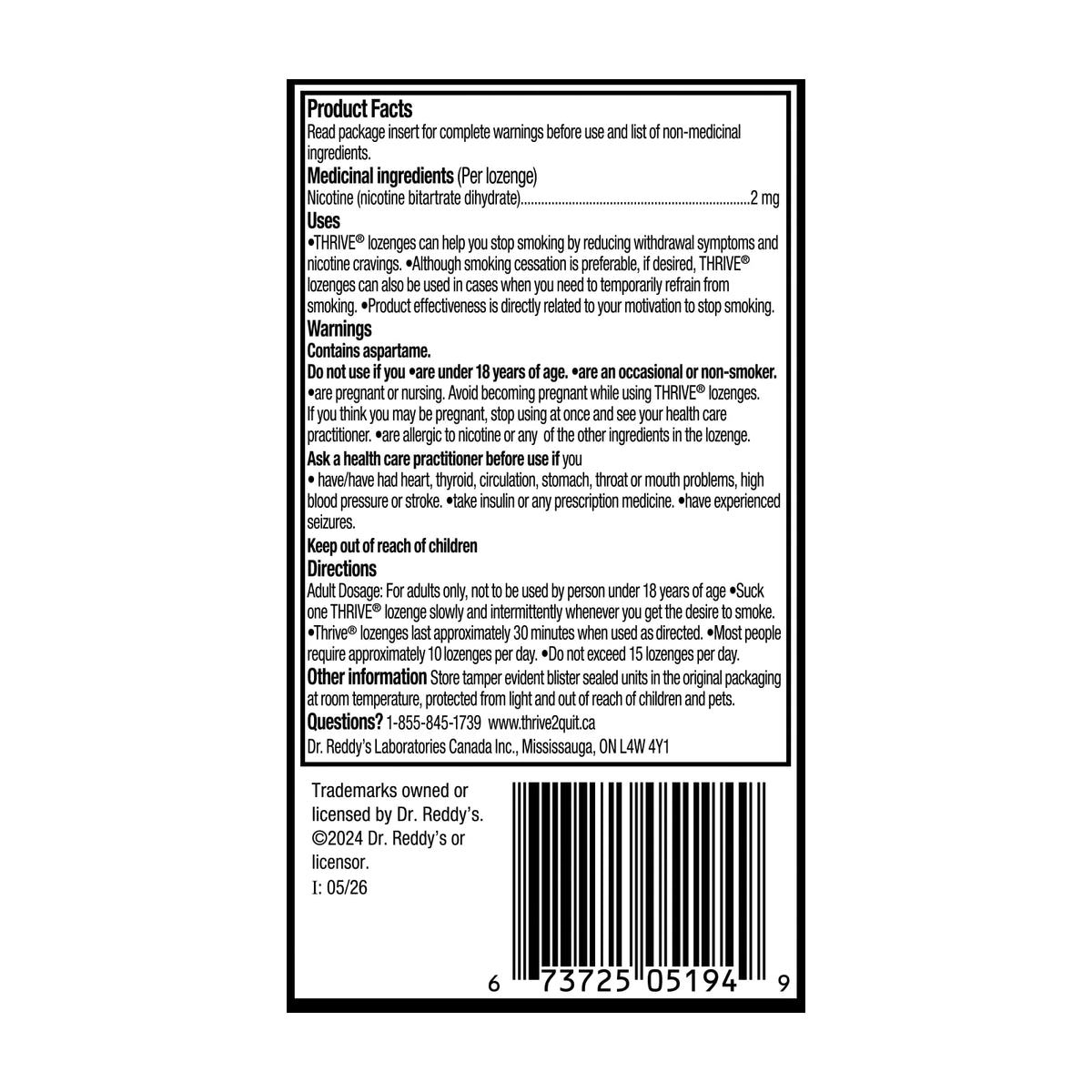 Thrive Nicotine Replacement Lozenges, 2mg Extra Strength, Peppermint, 216 Count 🍁 All In One Marketplace Canada