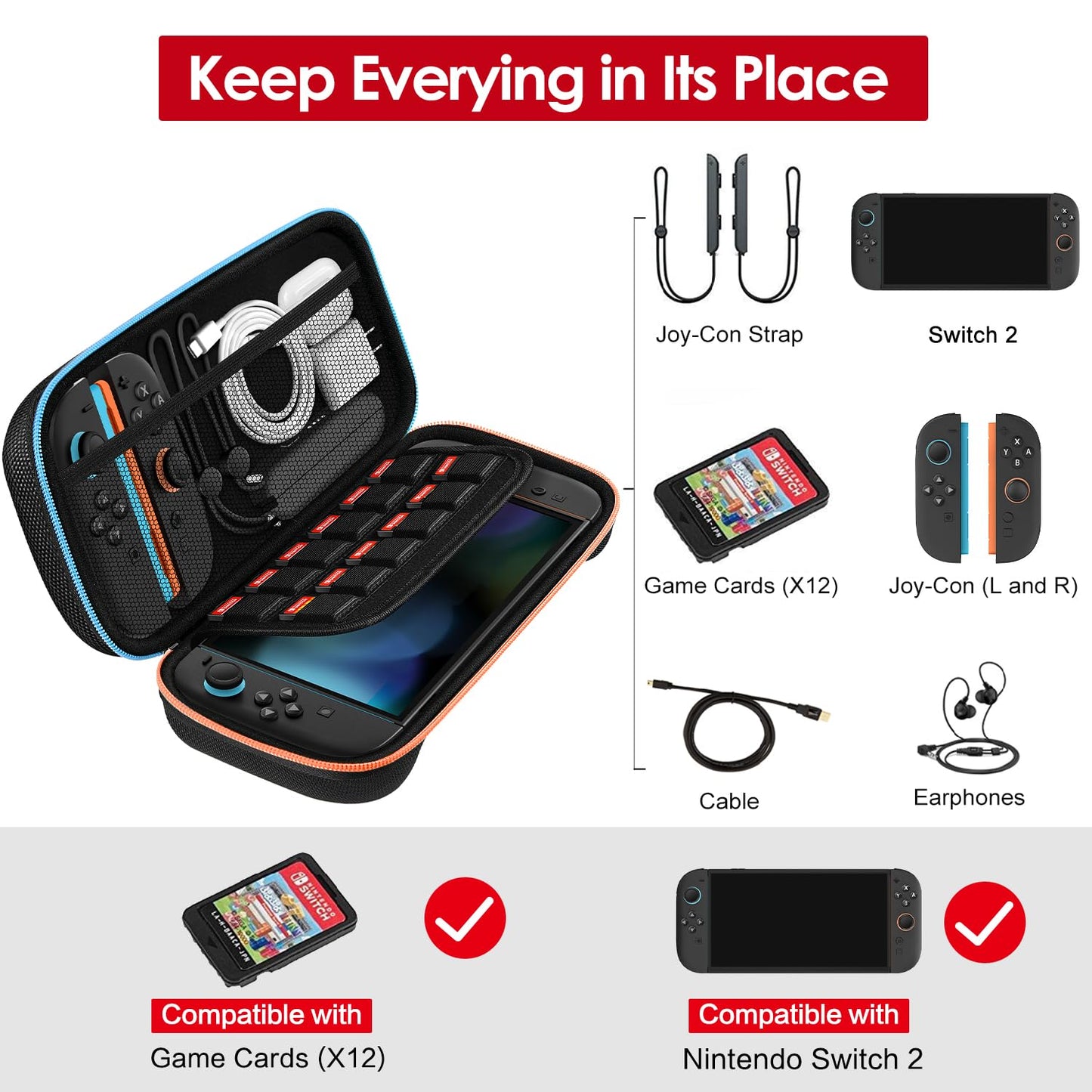 ivoler Carrying Case for Nintendo Switch 2 (2025 Model), Portable Hard Shell Pouch Carrying Travel Game Bag for Switch 2 Accessories Holds 12 Game Cartridge, Black