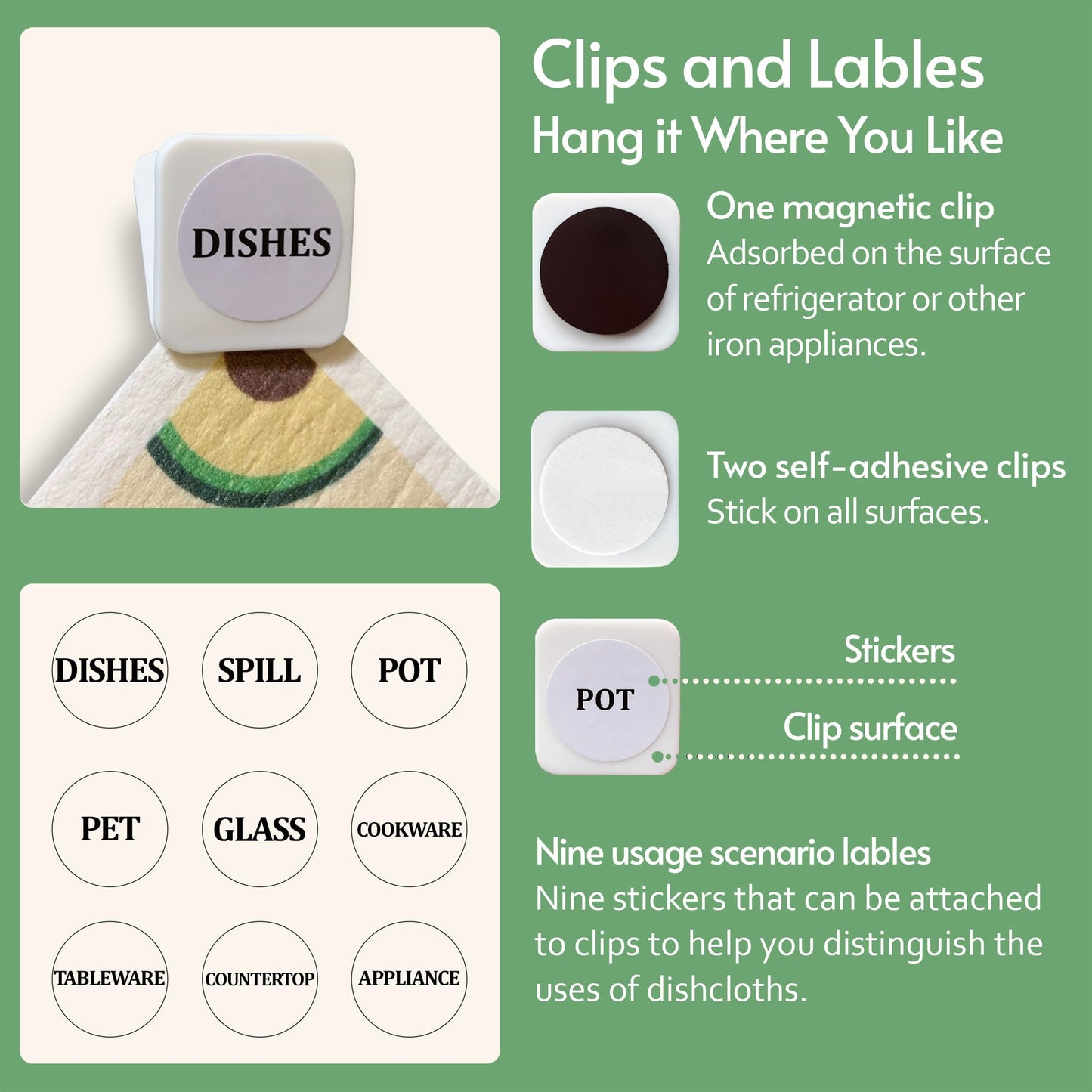 Eulnars Swedish Dish Cloth, 8-Pack Reusable Paper Towels, Swedish Dish Cloth with 3 Clips, 9 Classified Labels, Quick Drying Washable Dish Cloths, Super Absorbent Kitchen Towels, Odorless - Available at All In One Marketplace Canada