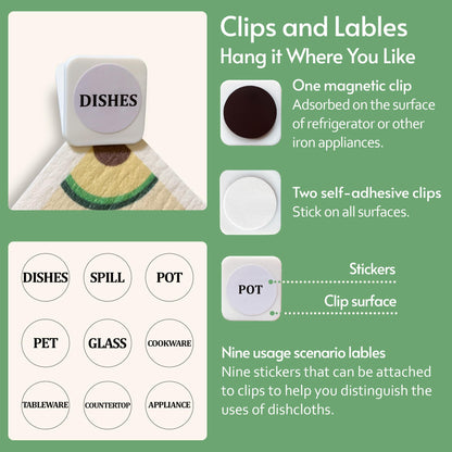 Eulnars Swedish Dish Cloth, 8-Pack Reusable Paper Towels, Swedish Dish Cloth with 3 Clips, 9 Classified Labels, Quick Drying Washable Dish Cloths, Super Absorbent Kitchen Towels, Odorless - Available at All In One Marketplace Canada