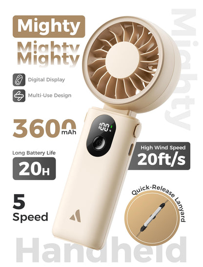 Aecooly Mighty Portable Hand Fan, 3 IN 1 USB Rechargeable Handheld Fan, [20H Max Cooling Time], 5-Speed Wind, LED Display, Mini Foldable Personal for Travle, Summer, Gifts for Women-Beige - Available at All In One Marketplace Canada