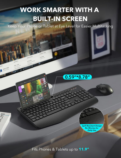 Wireless Keyboard and Mouse Combo - Full-Sized Ergonomic Keyboard with Wrist Rest, Phone Holder, Silent 2.4GHz Cordless Keyboard Mouse for Computer, Laptop, PC, Mac, Windows (Black, 1 Pack)