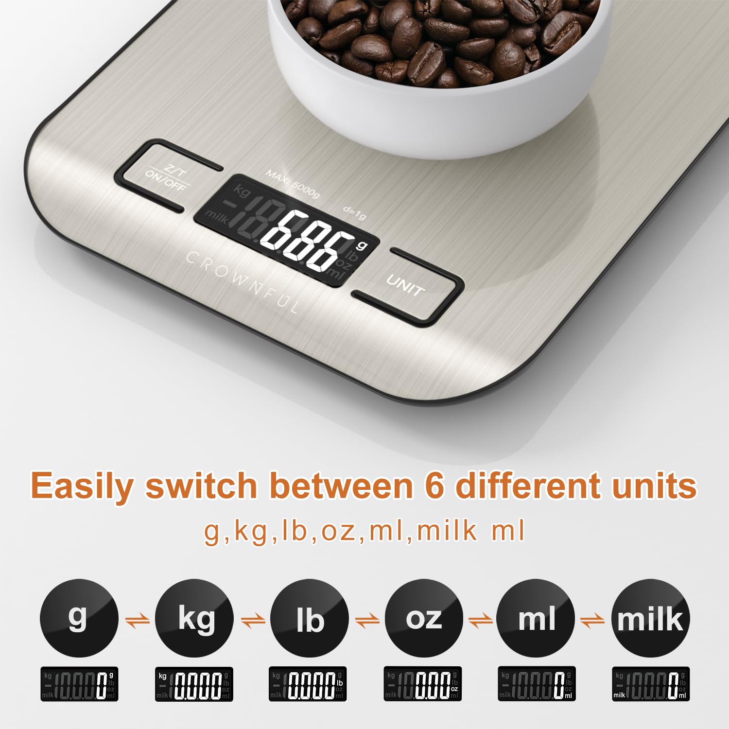 CROWNFUL Food Scale, 11lb Digital Kitchen Scales Weight Ounces and Grams for Cooking and Baking, 6 Units with Tare Function (Battery Included)