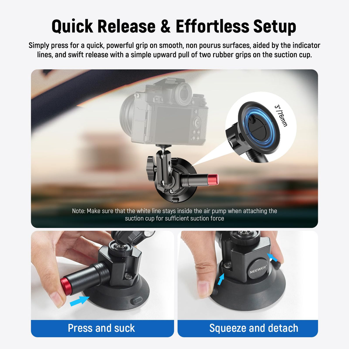 NEEWER 3" Suction Cup Camera Mount Bracket with Ball Head Magic Arm, CA104