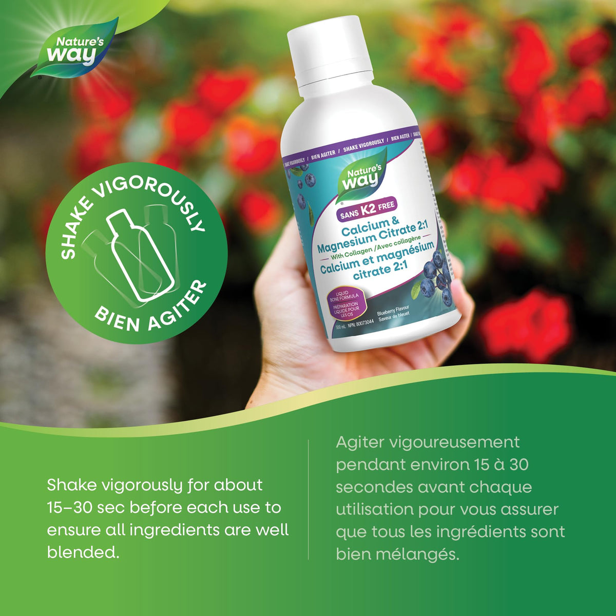 Nature's Way Calcium and Magnesium Citrate 2:1 - Liquid Supplement with Vitamin D3 and Collagen – Helps Support the Maintenance of Bones and Teeth – No Vitamin K2 - Blueberry Flavour, 500 mL