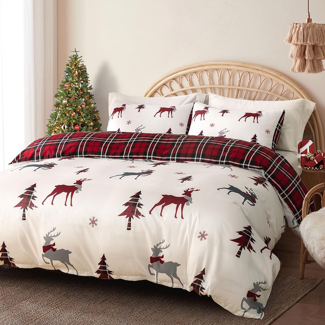 Conworld Christmas Duvet Cover Queen Size Set, Soft Reversible Red Plaid Reindeer Snowflake Printed Holiday Bedding Set with Zipper Closure, Corner Ties, 2 Pillowcases, 1 Duvet Cover 90x90 inches 🍁 All In One Marketplace Canada