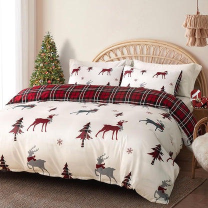 Conworld Christmas Duvet Cover Queen Size Set, Soft Reversible Red Plaid Reindeer Snowflake Printed Holiday Bedding Set with Zipper Closure, Corner Ties, 2 Pillowcases, 1 Duvet Cover 90x90 inches 🍁 All In One Marketplace Canada