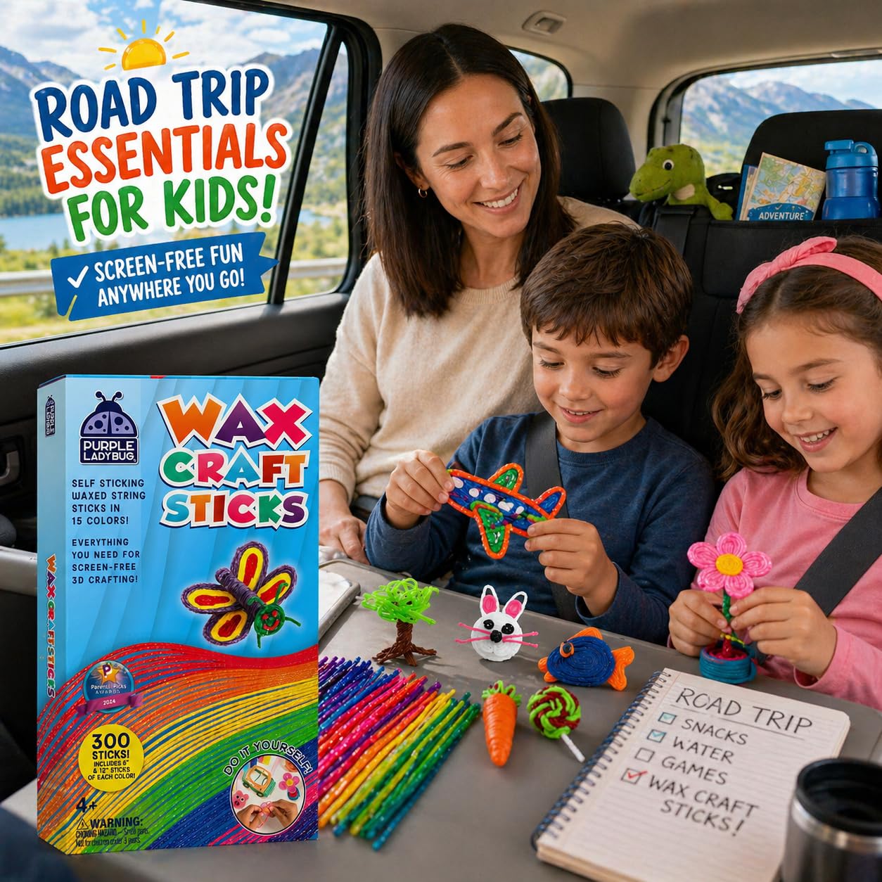 Purple Ladybug 300 Bendable Wax Craft Stix - Fun Roadtrip and Travel Activities, Arts & Crafts for Kids 6-8, Boys & Girls Gifts 4-12 Years Old, Birthday Party Favors for Kids, Loot Bag Fillers