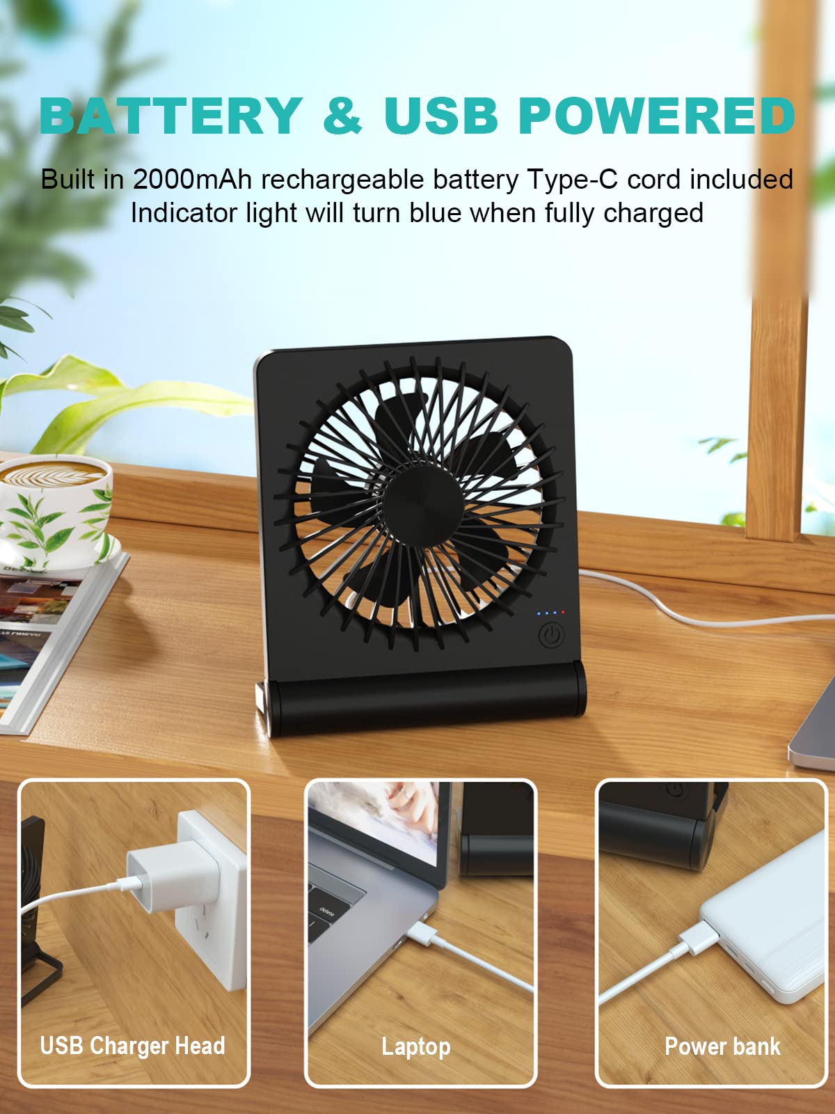 Small Desk Fan,Rechargeable USB Fan Battery Operated,Ultra Quiet, Strong Wind, 3 Speeds Travel Fans - Available at All In One Marketplace Canada