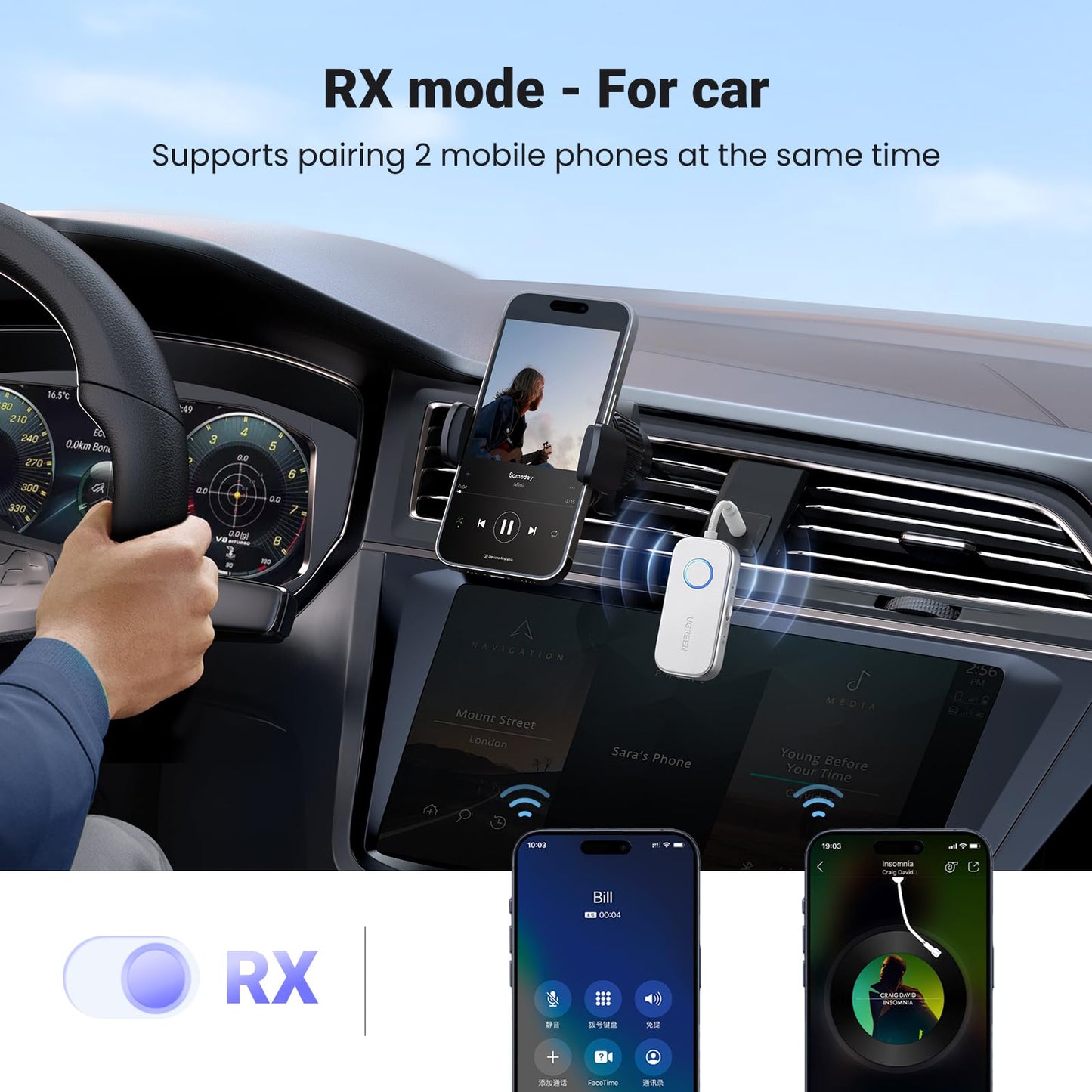 UGREEN 2 in 1 Bluetooth Transmitter and Receiver for Airplane Bleutooth 5.4 Audio Adapter with 3.5mm Aux Jack Compatible with Car, TV, Stereo System, Bluetooth Audio Splitter for Airpods Headphones