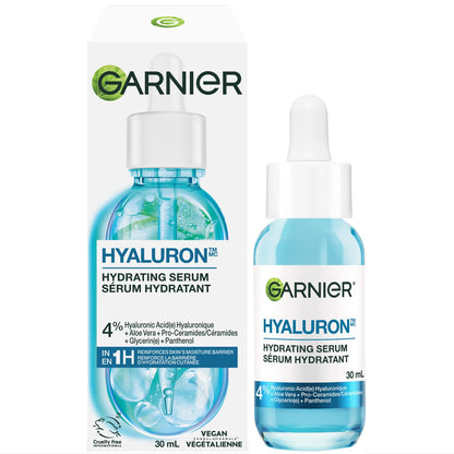 Garnier Hyaluronic Acid Face Serum, With Aloe Vera, Pro-Ceramides, Glycerin, Panthenol, Glass Skin, Reinforce Skin's Moisture Barrier, Hydrating, Replumpling, Normal To Combination, Vegan, 30ml - Available at All In One Marketplace Canada