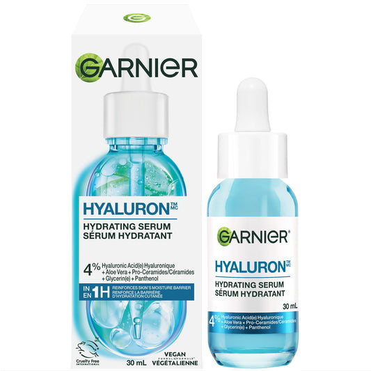 Garnier Hyaluronic Acid Face Serum, With Aloe Vera, Pro-Ceramides, Glycerin, Panthenol, Glass Skin, Reinforce Skin's Moisture Barrier, Hydrating, Replumpling, Normal To Combination, Vegan, 30ml - Available at All In One Marketplace Canada