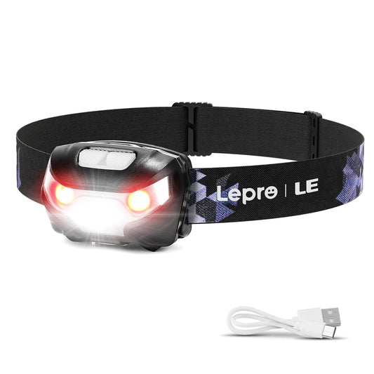 Lepro LED Headlamp Rechargeable, Super Bright Head Torch with Red Light & 5 Modes, Waterproof & Adjustable Headlight, Gear Essentials for Camping, Running, Hiking, Emergency (USB Cable Included) - Available at All In One Marketplace Canada
