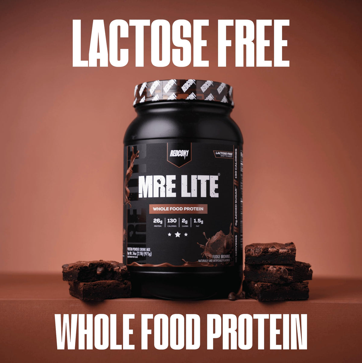 REDCON1 MRE Lite Whole Food Protein Powder, Fudge Brownie - Low Carb & Whey Free Meal Replacement with Animal Protein Blends - Easy to Digest Supplement Made with MCT Oils (30 Servings)