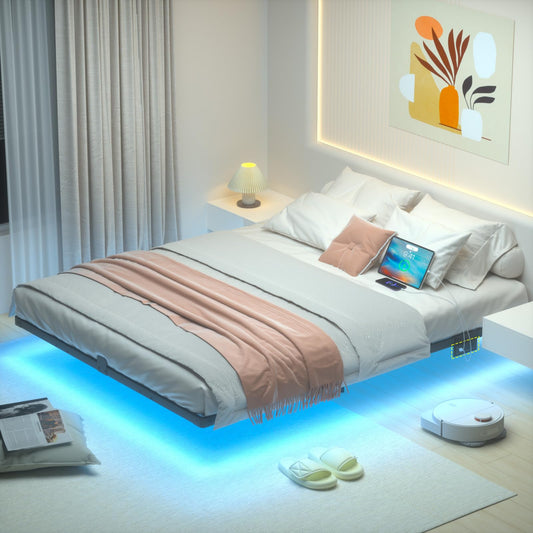 LOAKEKEL Queen Bed Frame, with USB Charging Station, Floating Bed Frame Queen Size with Smart LED Lights, Metal Platform Bed, Heavy Duty Steel Slat, No Box Spring Needed, Easy Assembly, HBF150BK - Available at All In One Marketplace Canada