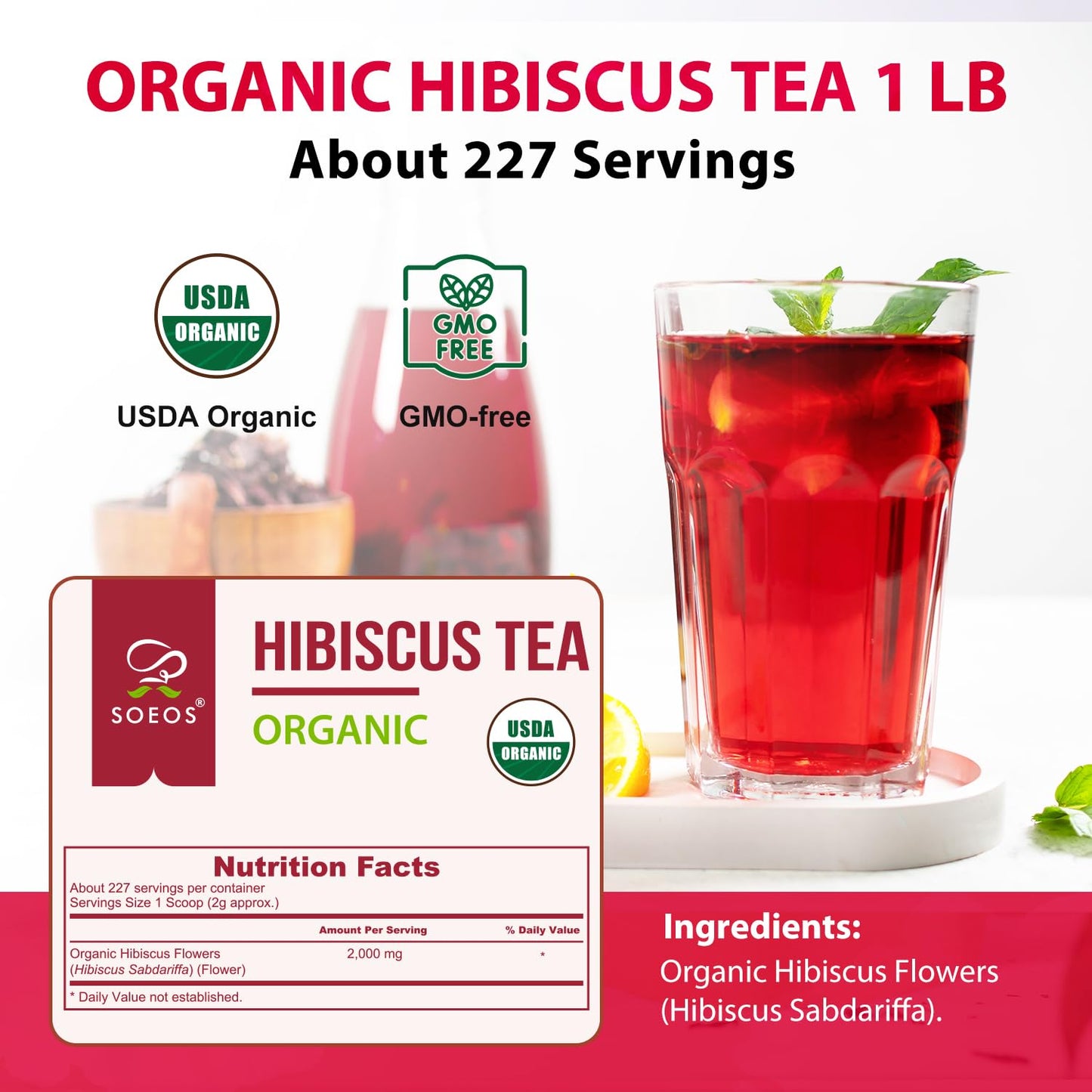 Soeos Organic Hibiscus Tea, 1lb (16oz) Whole Dried Hibiscus Flowers, Caffeine-Free Herbal Tea with Bold Tart Flavor, Perfect for Iced Tea, Hot Infusions & Floral Blends.