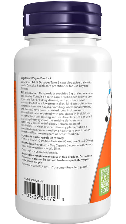 NOW Supplements, L-Carnitine 500mg, Purest Form, Amino Acid, Fitness Support, 60 Veg Capsules - Available at All In One Marketplace Canada